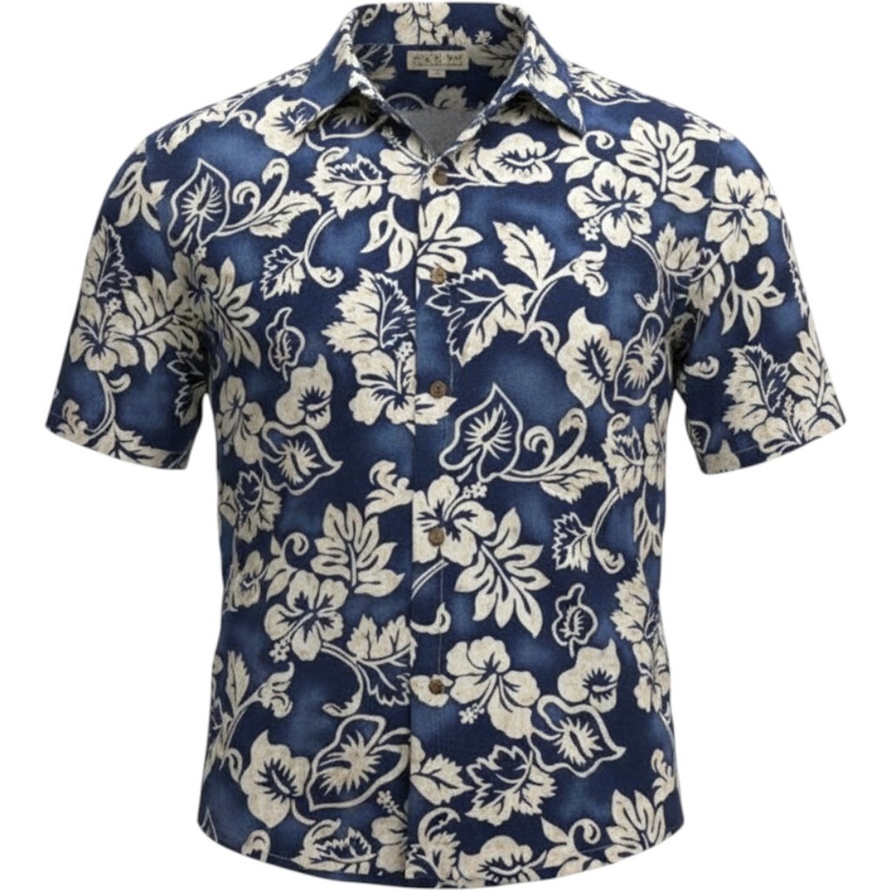 Batik Bay Men Large Blue Floral Hibiscus Rayon Short Sleeve Aloha Hawaiian Shirt
